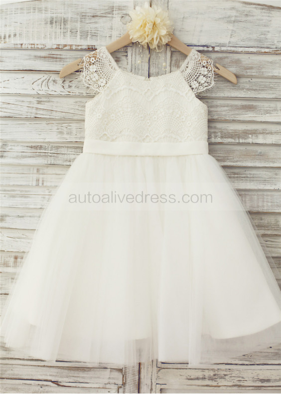 Cap Sleeves Ivory Lace Tulle Dreamy Flower Girl Dress